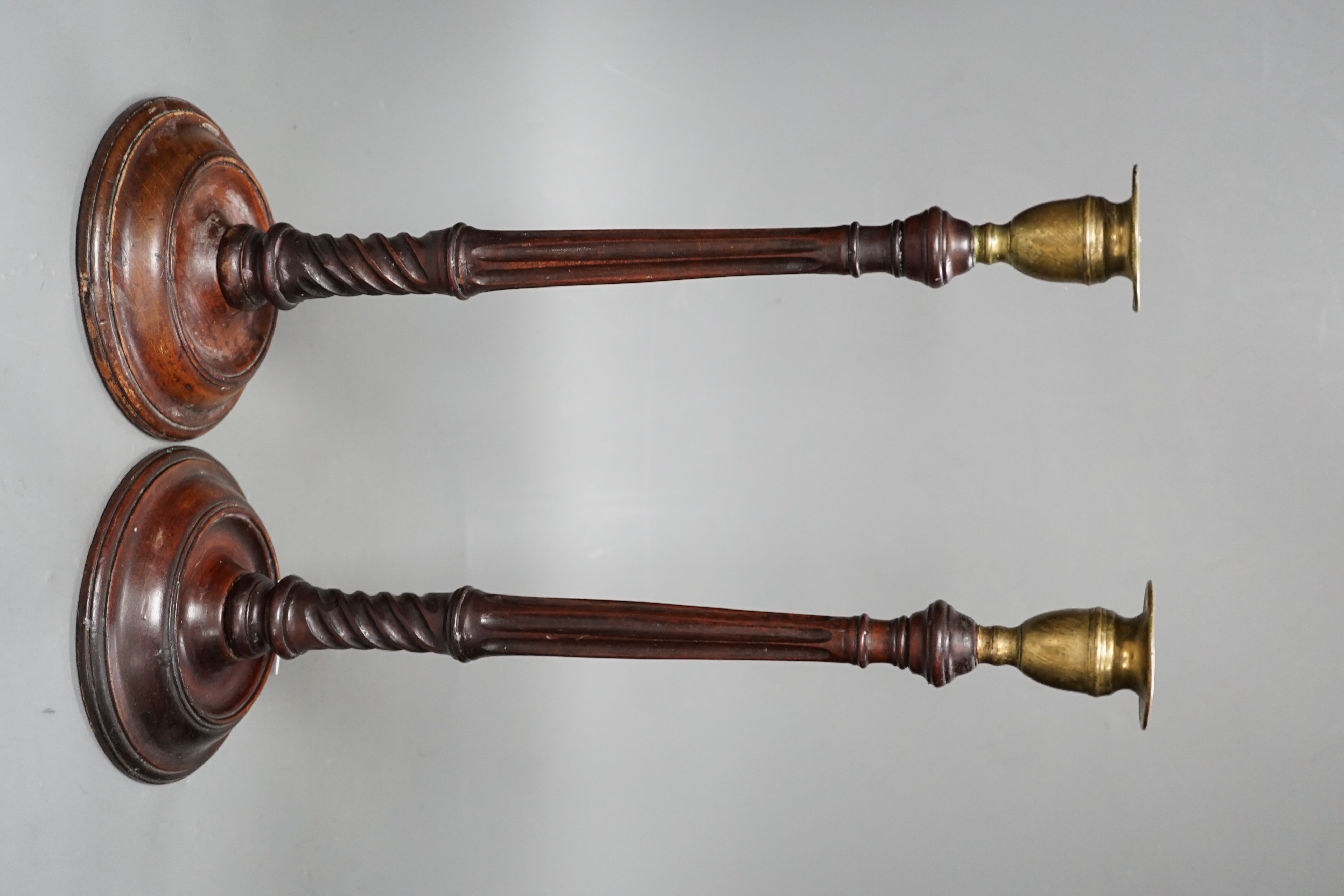 A pair of George III style carved mahogany candlesticks, with brass sconces, 38cms high - Image 6 of 6