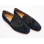 A pair of gentleman's Christian Louboutin navy blue watered velvet and suede evening slippers with