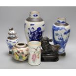 Three Chinese blue and white crackle glaze vases, a famille rose brush pot, late 19th/early 20th