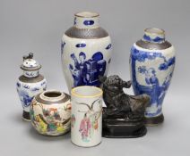 Three Chinese blue and white crackle glaze vases, a famille rose brush pot, late 19th/early 20th