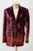 A gentleman's Paul Smith purple velvet jacket with cut foliate decoration, UK size 42