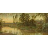 E. Lancaster Hooper (fl.1876-1894), oil on canvas, River landscape at sunset, signed, 30 x 60cm