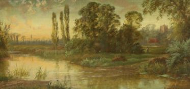 E. Lancaster Hooper (fl.1876-1894), oil on canvas, River landscape at sunset, signed, 30 x 60cm