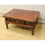 A Chinese elm and bamboo low table, fitted with three freezer drawers 63cms wide x 44cms deep x