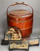 A Chinese painted bamboo wedding basket and three Chinese cased cork models, wedding basket 50cms