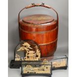 A Chinese painted bamboo wedding basket and three Chinese cased cork models, wedding basket 50cms