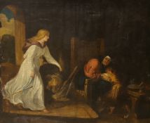 19th century English School, oil on canvas, Interior with maiden and lion, 51 x 61cm, unframed
