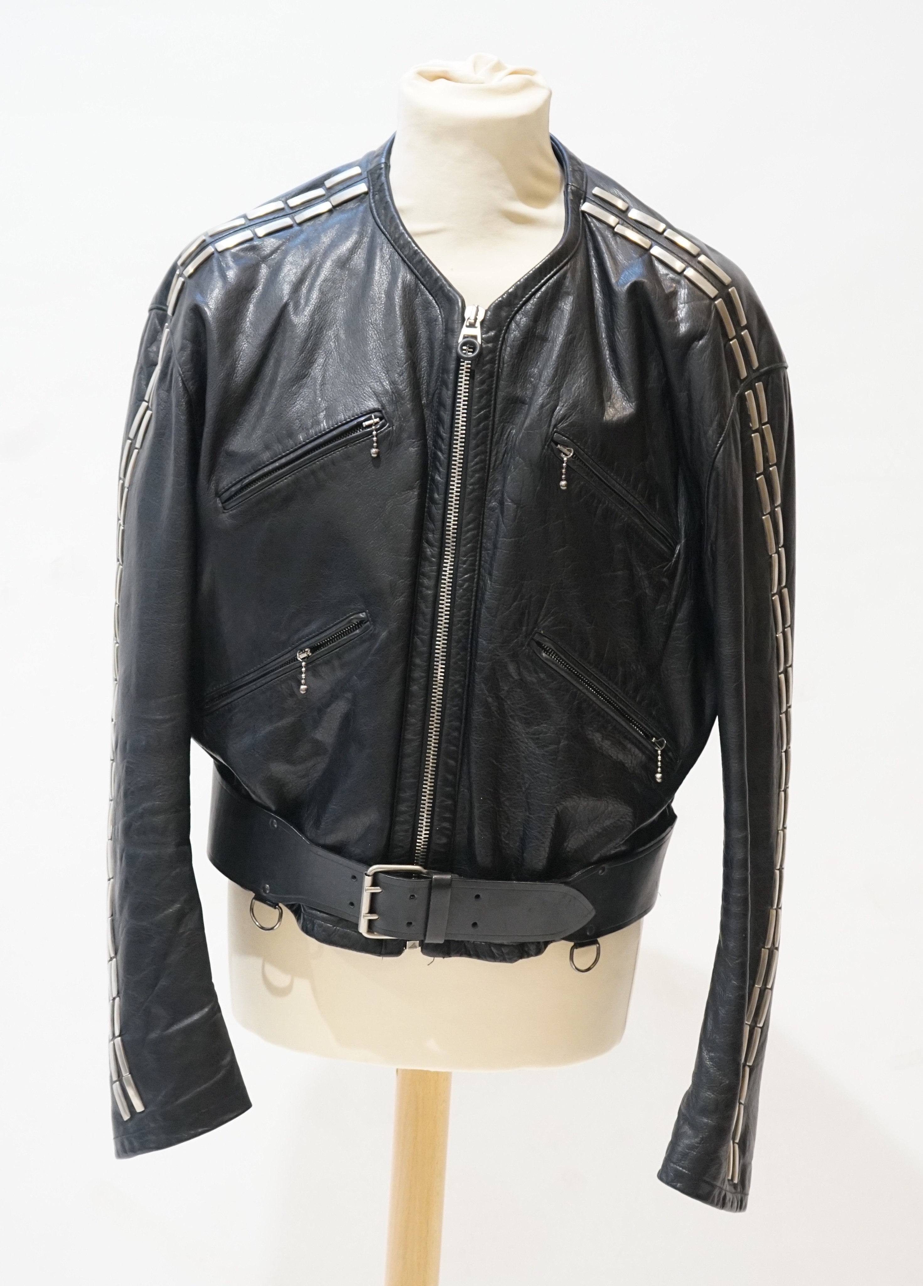 A gentleman's Calugi e Giannelli black leather jacket with metal appliques to the sleeves, size - Image 2 of 4