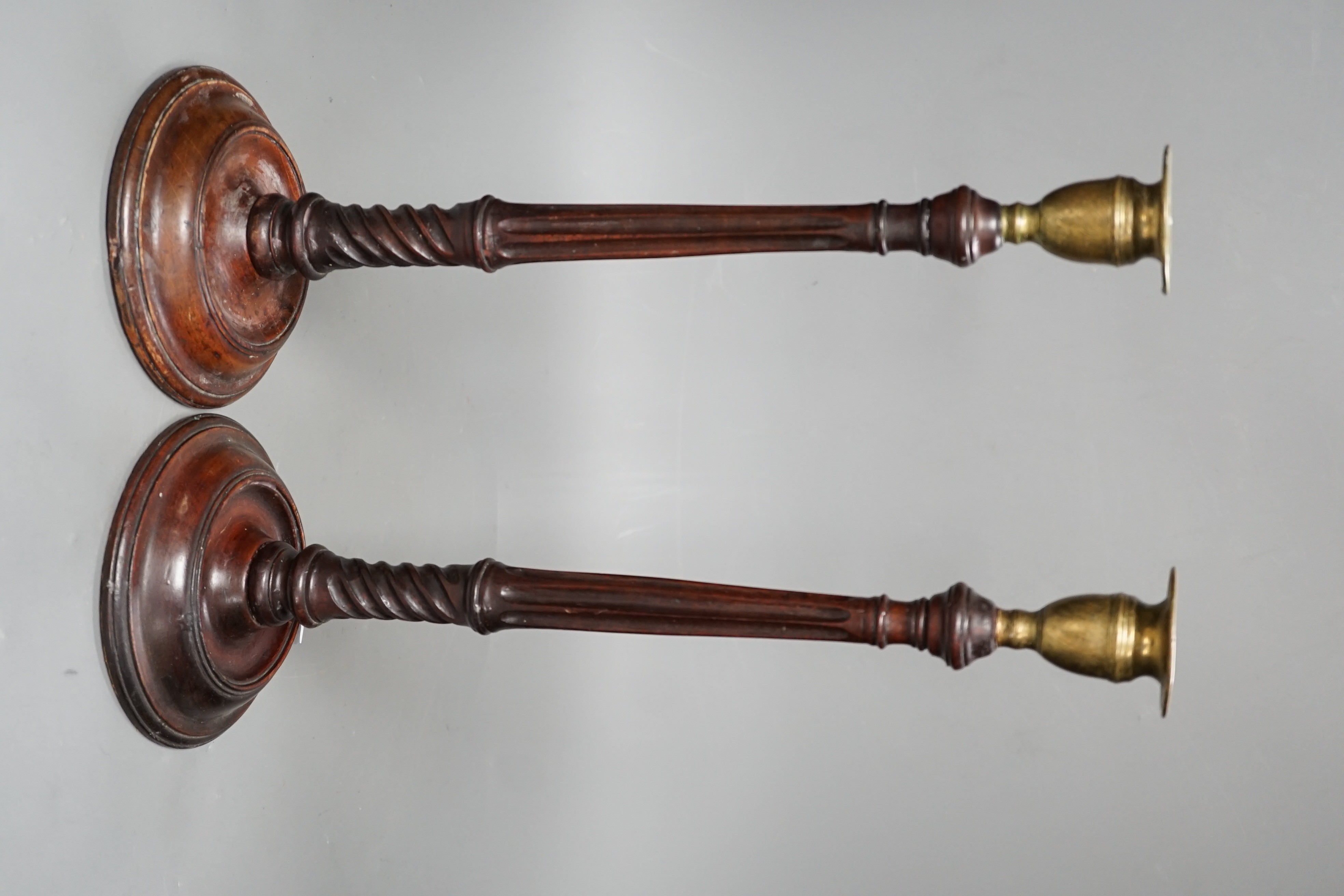 A pair of George III style carved mahogany candlesticks, with brass sconces, 38cms high - Image 4 of 6