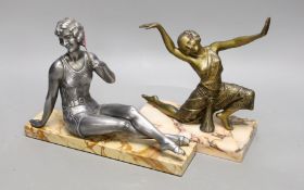 An Art Deco ‘bathing beauty’ metal figure on stand and another of a female dancer on marble