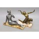 An Art Deco ‘bathing beauty’ metal figure on stand and another of a female dancer on marble