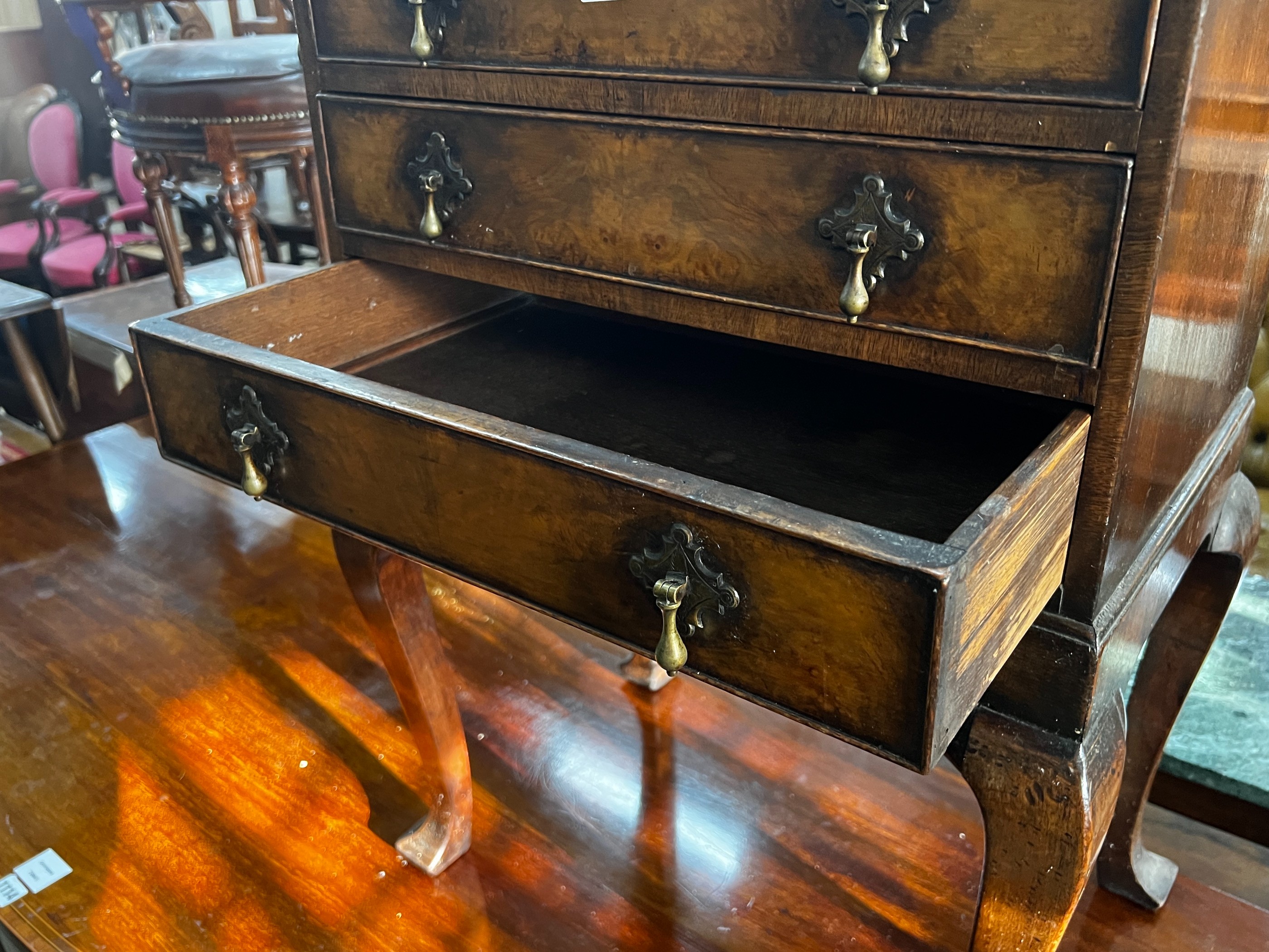 A George III style walnut bedside chest, fitted three long drawers, width 53cm, depth 39cm, height - Image 3 of 3