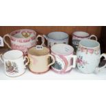 Three Sunderland pink lustre mugs, two Staffordshire pottery 'frog' mugs and two others (7)