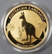A QEII 2020 1oz gold Australia Kangaroo $100 coin.