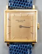 A gentleman's French yellow metal (18ct poincon mark) Universal manual wind square dial dress