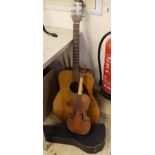 A Yamaha G160 acoustic guitar, dreadnought shape, a 3/4 size violin and a ukulele banjo