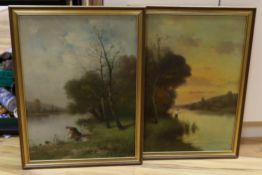Ed Duparc (19th C.), pair of oils on canvas, River landscapes with angler and woman washing clothes,