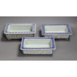 Set of three Chinese blue and white lily or narcissus dishes, Qing dynasty. Widest 18cm