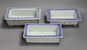 Set of three Chinese blue and white lily or narcissus dishes, Qing dynasty. Widest 18cm