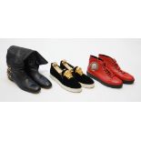 Three pairs of gentleman's Versace shoes; black velvet pumps with white soles, size 42red leather