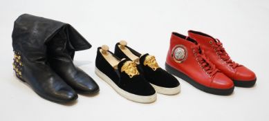 Three pairs of gentleman's Versace shoes; black velvet pumps with white soles, size 42red leather