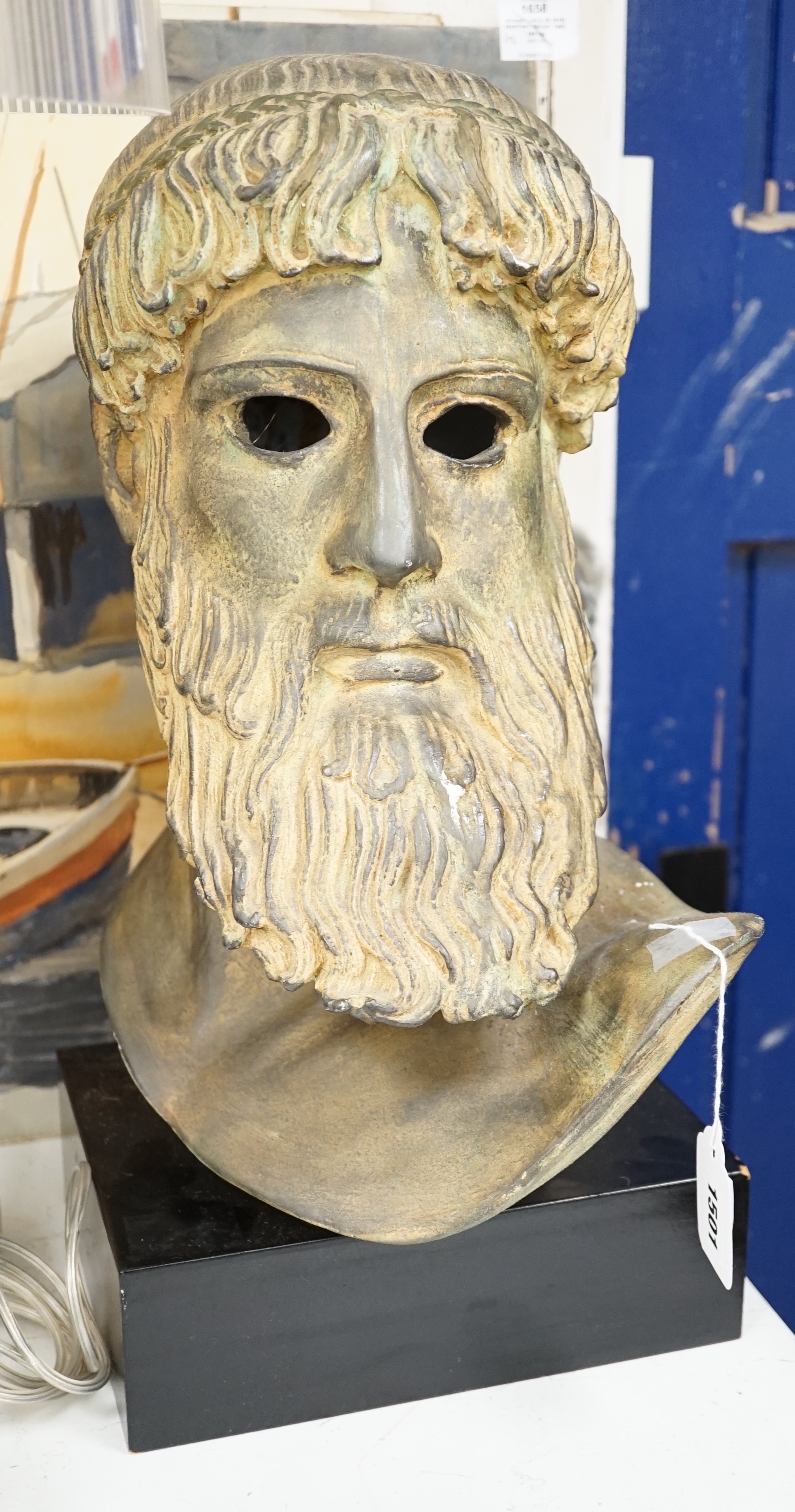 A bronzed plaster classical head, after the Antique, 50cm high