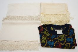 A Salvatore Ferragamo silk t shirt, size L and three silk fringed scarves