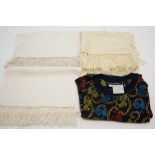 A Salvatore Ferragamo silk t shirt, size L and three silk fringed scarves