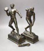 A pair of spelter athlete figures, a.f., tallest 34cms