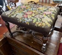 A William & Mary style walnut stool, with 'X' shaped understretcher, length 65cm, width 53cm, height