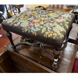 A William & Mary style walnut stool, with 'X' shaped understretcher, length 65cm, width 53cm, height