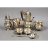 A George V silver octagonal hot water pot, a.f. and six other items of small silver including pair