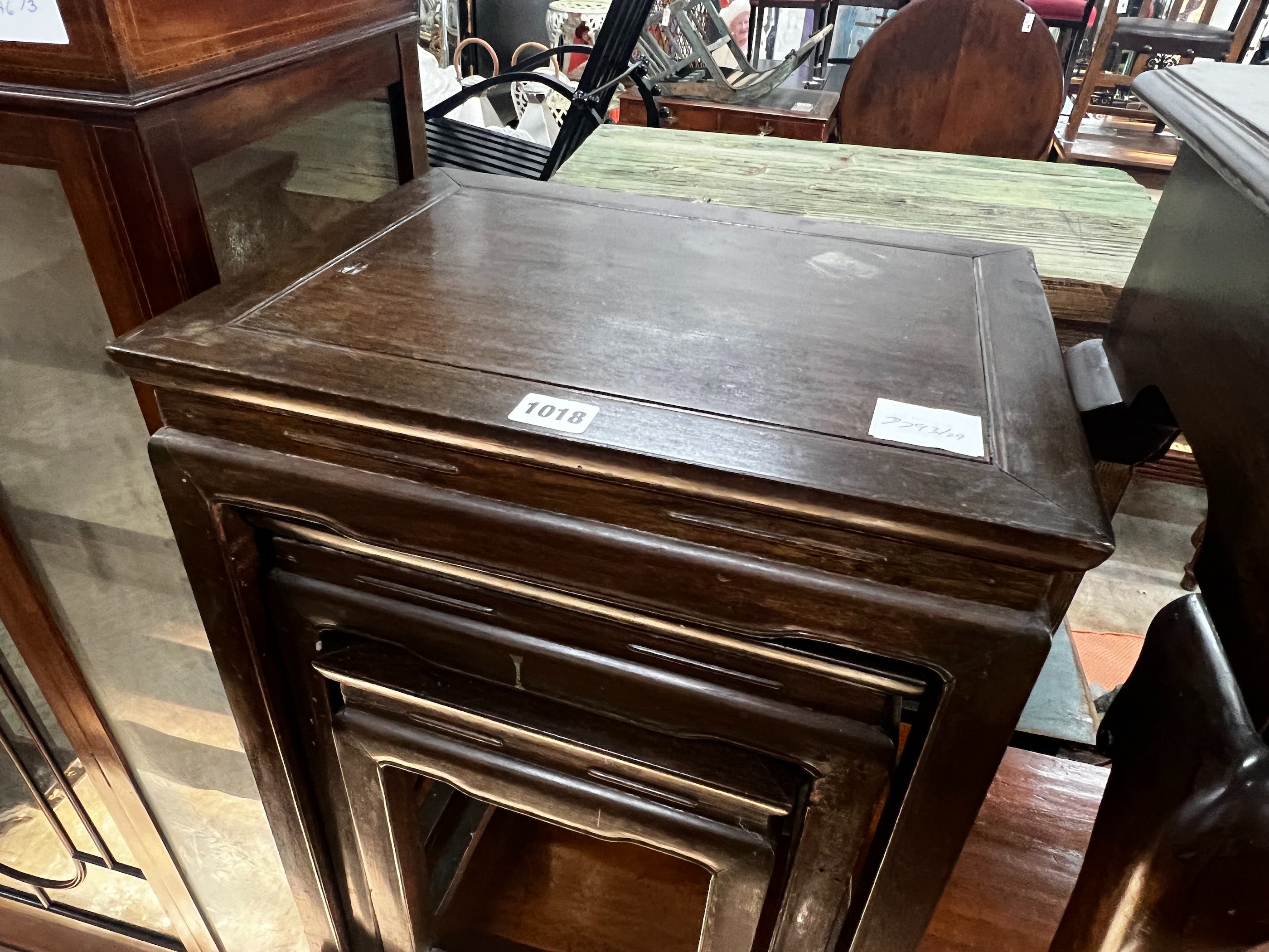 A nest of three Chinese hardwood tables, width 41cm, depth 32cm, height 59cm - Image 2 of 3