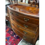 A George III satinwood banded mahogany bow front chest of drawers, width 109cm, depth 54cm, height