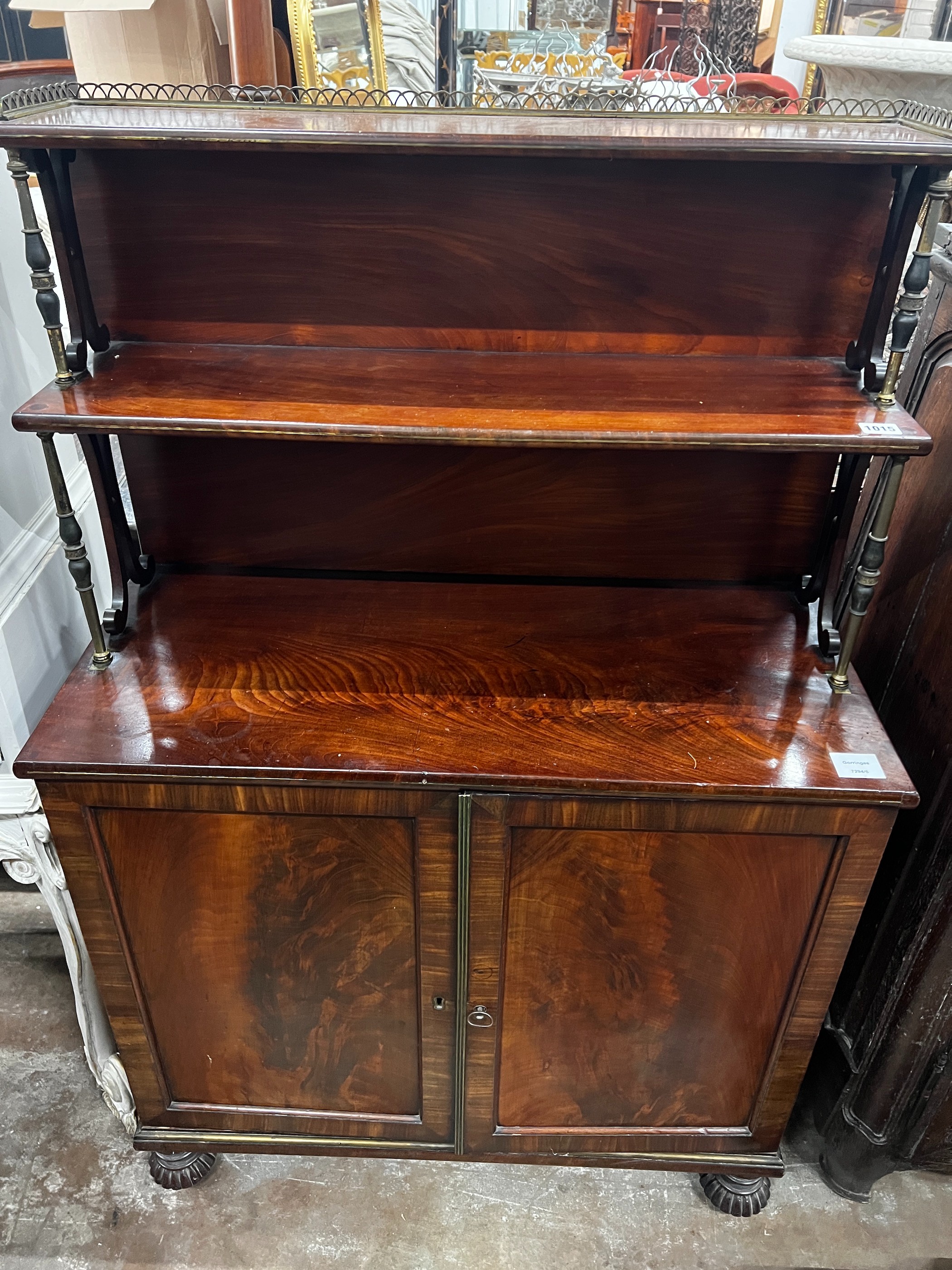 A small Regency mahogany and brass strung chiffonier, width 78cm, depth 37cm, height 122cm