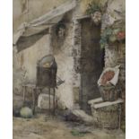 Rudolf G. Werner (1893-1957), watercolour, Produce beside a cottage doorway, signed and inscribed