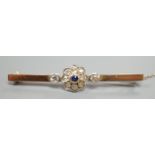 A 9ct, sapphire and diamond cluster set bar brooch (possibly converted), 65mm, gross weight 5.7