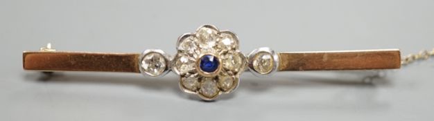 A 9ct, sapphire and diamond cluster set bar brooch (possibly converted), 65mm, gross weight 5.7