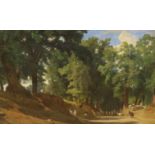 19th century English School, oil on board, Italian goatherders on a woodland path, 26 x 41cm