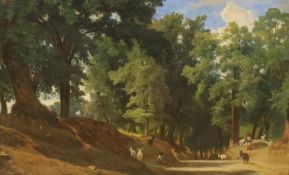 19th century English School, oil on board, Italian goatherders on a woodland path, 26 x 41cm