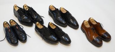 Five pairs of gentleman's Prada shoes; black pointed brogues, size 9Patent trainers, size 9Two-