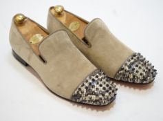 A pair of gentleman's Christian Louboutin suede and snakeskin effect studded loafers, size 42.5