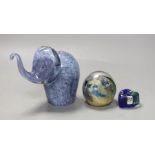 Two items of Mdina glass, and an elephant by Paul Miller, Kings Lynn Glass, tallest 11cm