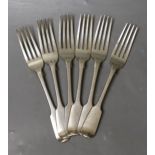 A set of six George IV silver fiddle pattern table forks, William Eaton, London, 1829, 14.5oz.