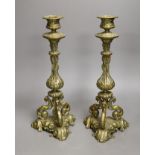 A pair of 19th century ornate brass candlesticks, 31cms high