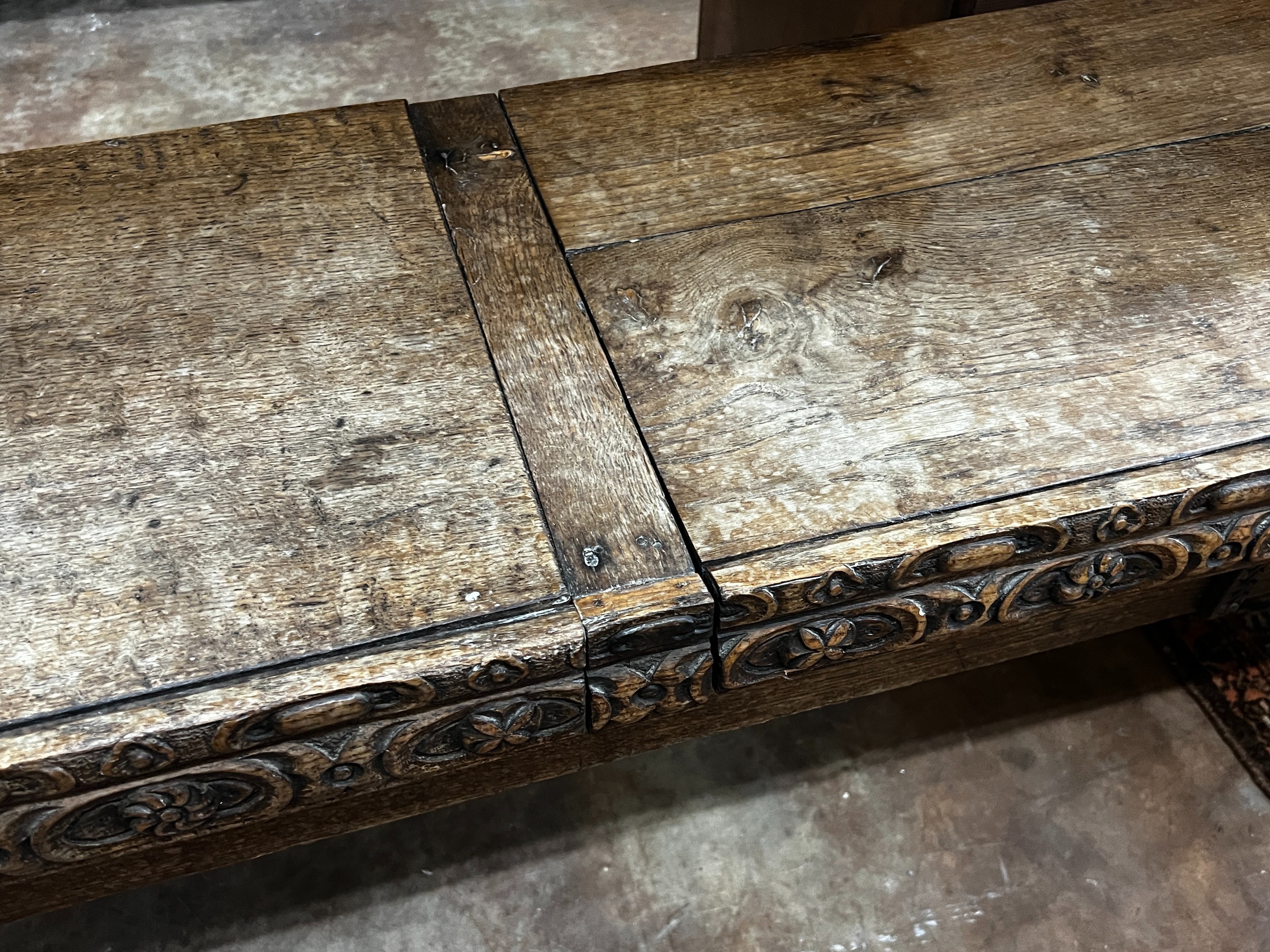 An 18th century and later carved oak hall bench with twin hinged box seat, width 183cm, depth - Image 3 of 4