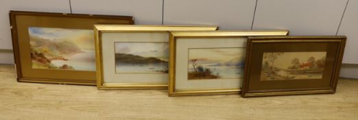 Attributed to Edwin Earp, pair of watercolours, Loch scenes, 18 x 46cm and two other watercolour