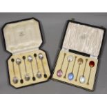 A cased set of six Elizabeth II silver and polychrome enamelled coffee spoons, Birmingham, 1960