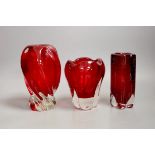 Three Whitefriars red glass vases, tallest 18cms high