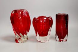 Three Whitefriars red glass vases, tallest 18cms high